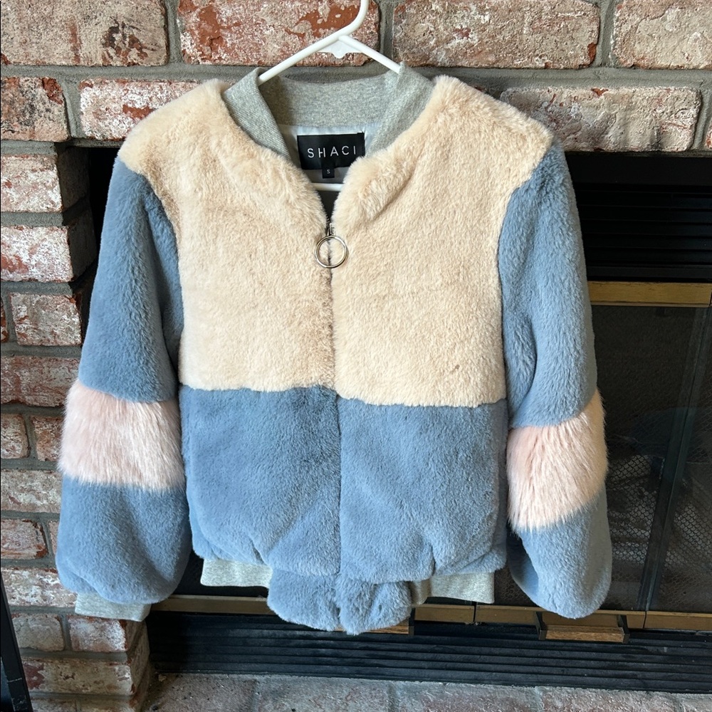 SHACI Faux Fur Bomber Colorblock‎ Zip Up Jacket blue/ cream/pink Women’s Size S